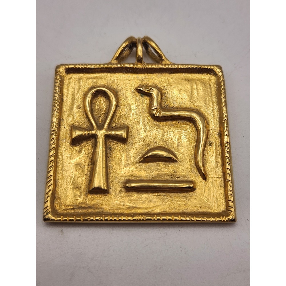 Vintage MMA 1976 Egyptian Revival Ankh Cobra Gold Tone Square Pendant Necklace